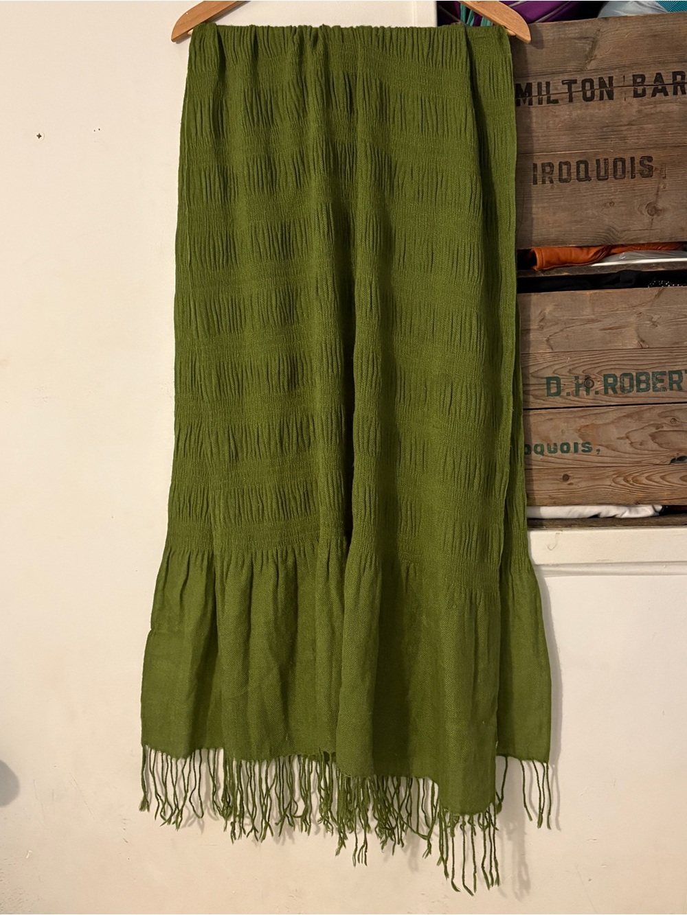 Large Olive Green Crinkle Smocked Rectangle Scarf / Pashmina with Fringe